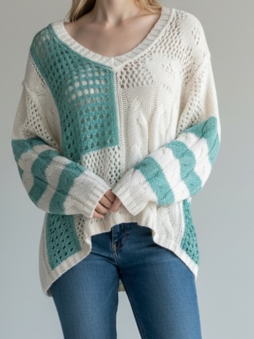 POL Open-Knit Patchwork V-Neck Sweater in White & Teal